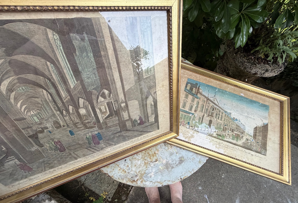 Pair Of Well-framed 18th Century Colored Optical Views Of English Monuments