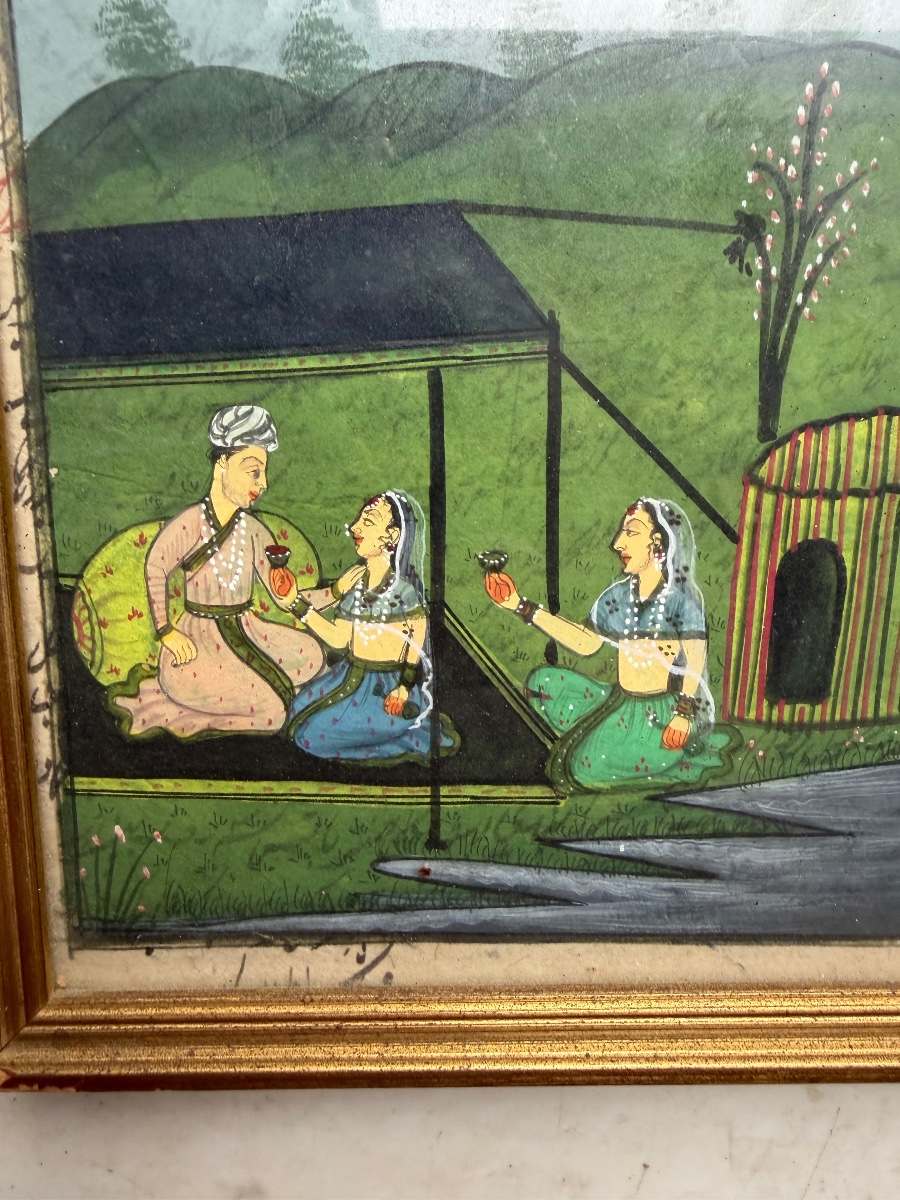 Peinture a la miniature Indienne d'une scène d'offrande  au sultan sous le dais d'un jardin XIX-photo-2