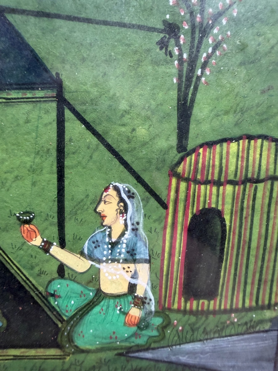 Peinture a la miniature Indienne d'une scène d'offrande  au sultan sous le dais d'un jardin XIX-photo-2