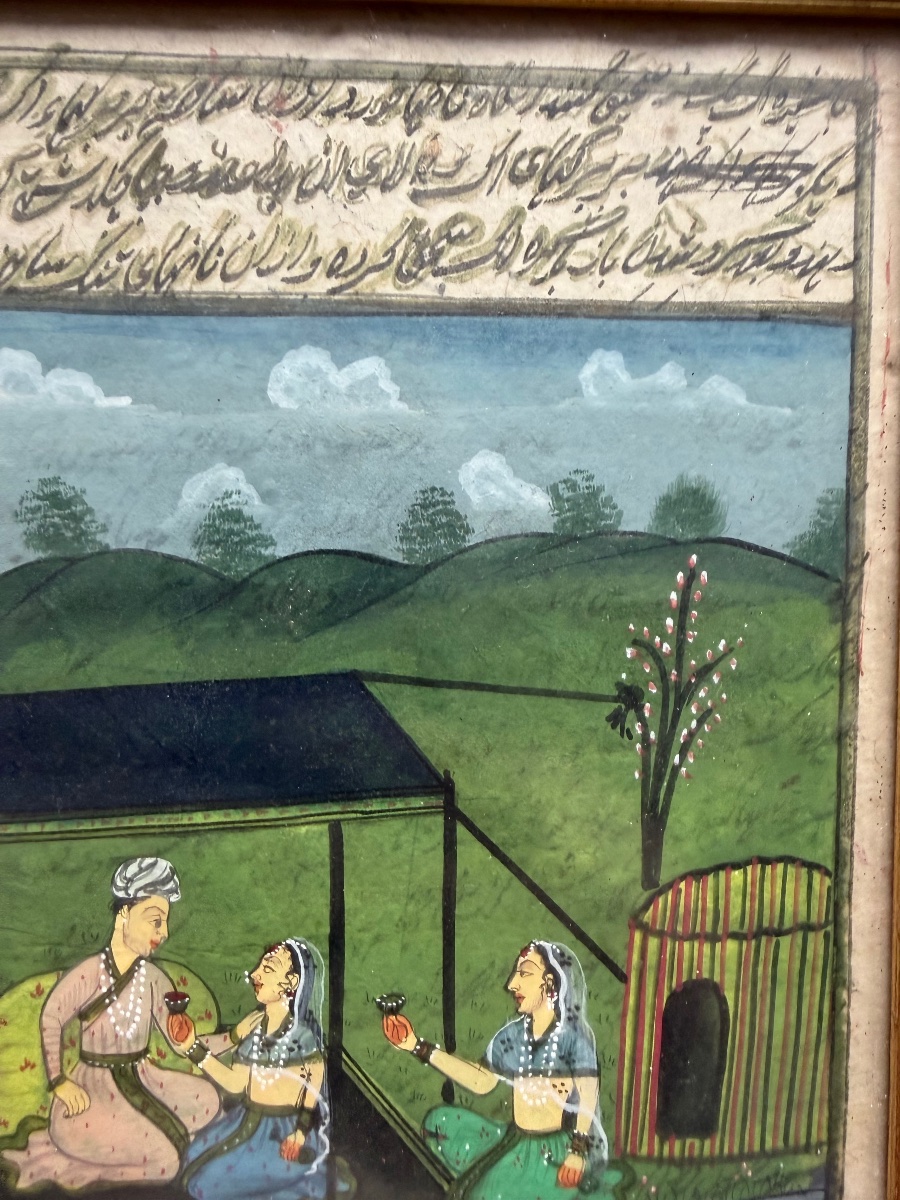 Peinture a la miniature Indienne d'une scène d'offrande  au sultan sous le dais d'un jardin XIX-photo-3