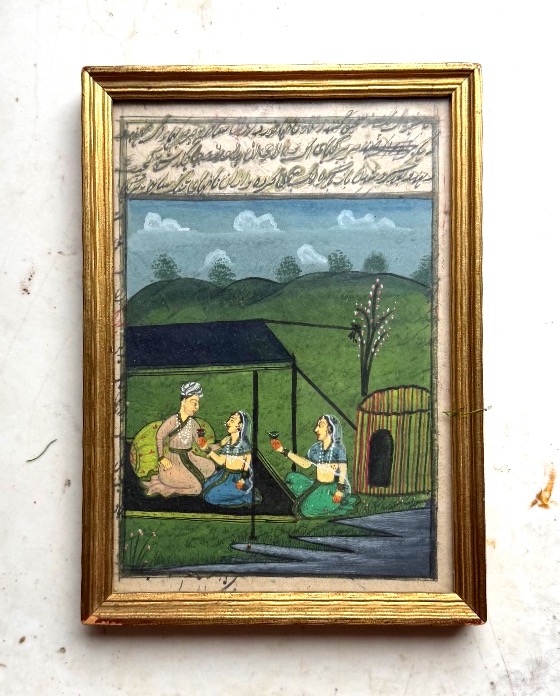 Peinture a la miniature Indienne d'une scène d'offrande  au sultan sous le dais d'un jardin XIX