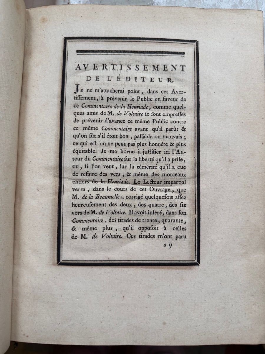 Bel exemplaire In 4. des "Commentaires sur la Henriade" de Voltaire  par Feu Mr de la Beaumelle-photo-3