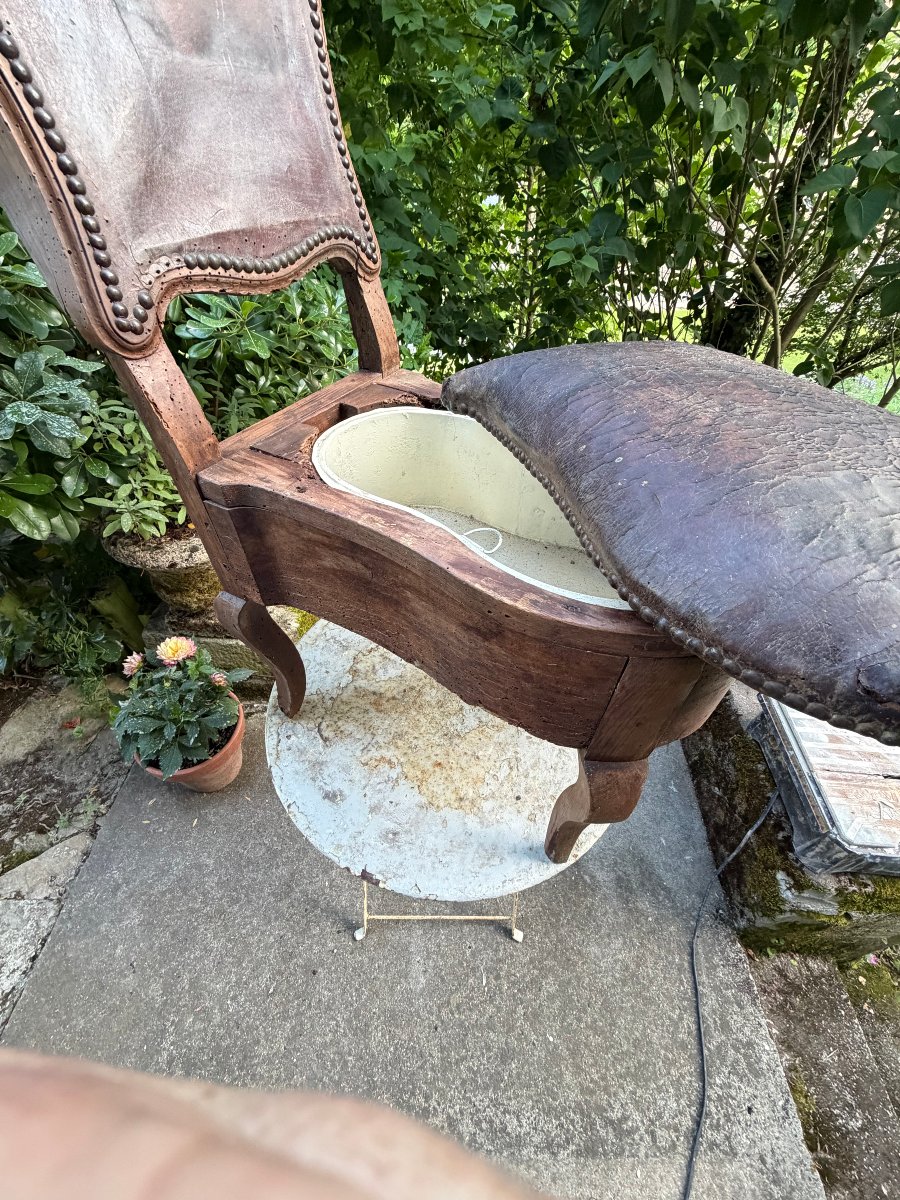 Eclectique siège de commodité d'époque Louis XV en bois fruitier dessus croute  cuir , bac zinc-photo-3