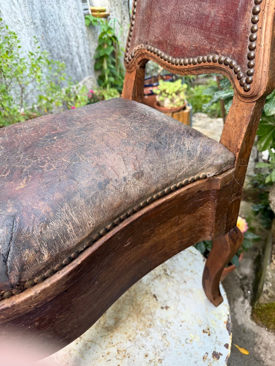 Eclectique siège de commodité d'époque Louis XV en bois fruitier dessus croute  cuir , bac zinc-photo-2