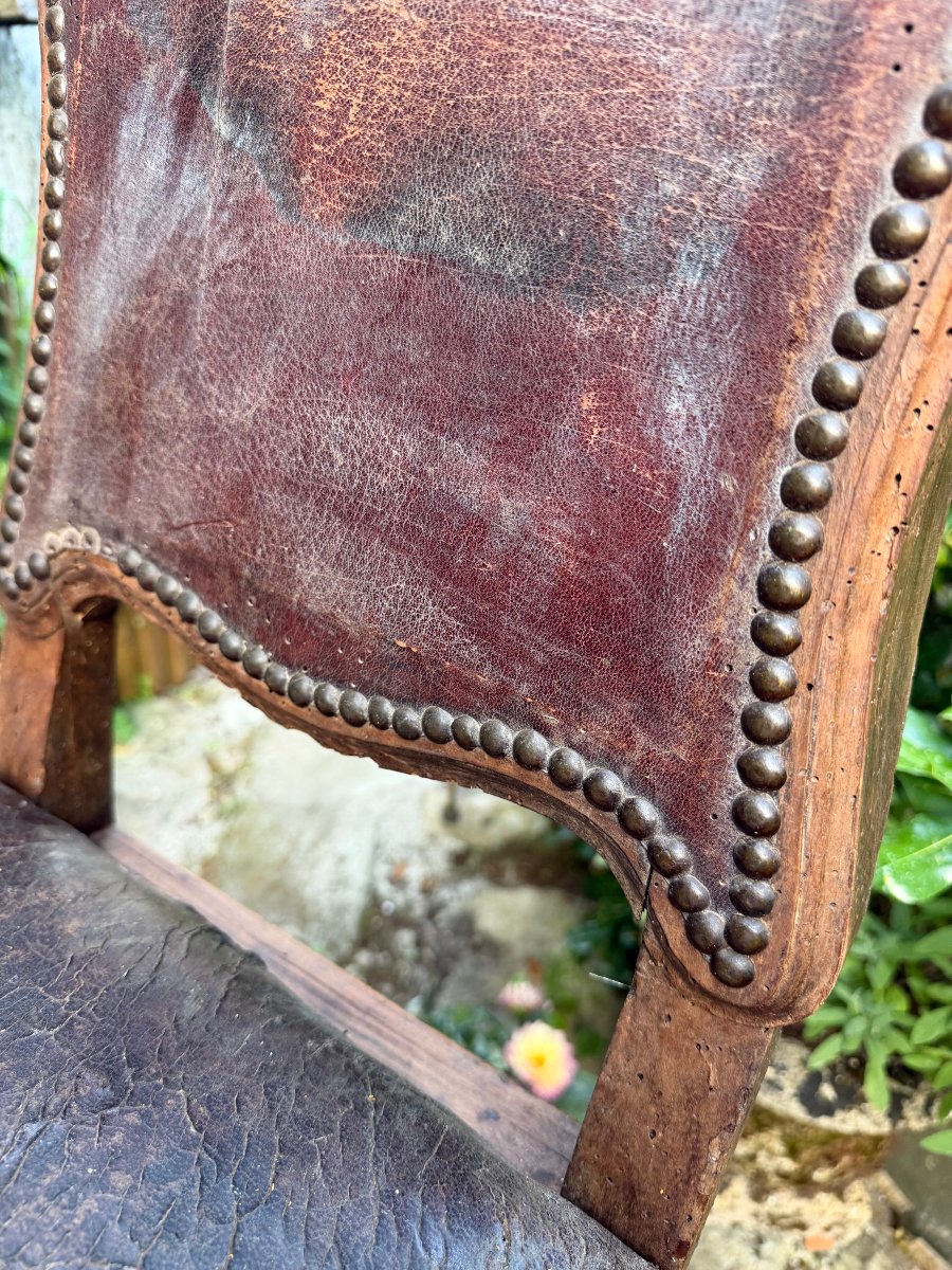 Eclectique siège de commodité d'époque Louis XV en bois fruitier dessus croute  cuir , bac zinc-photo-3