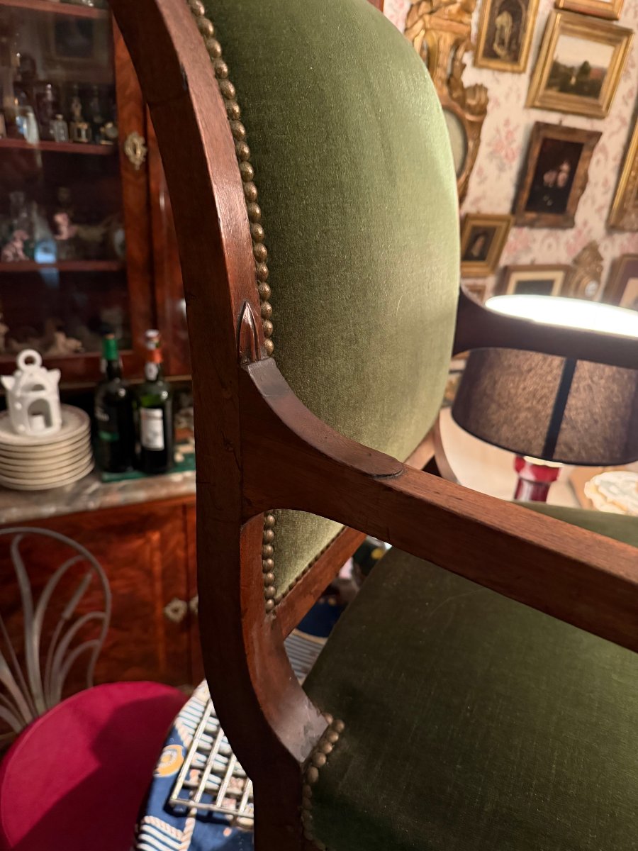 Beau fauteuil de bureau "Retour d'Egypte" accotoirs à têtes de sphinges pieds gaines velours -photo-2