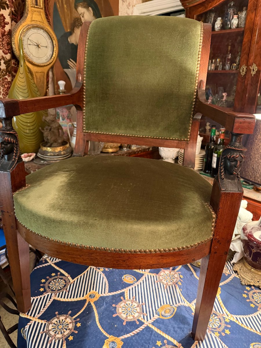 Beau fauteuil de bureau "Retour d'Egypte" accotoirs à têtes de sphinges pieds gaines velours -photo-7