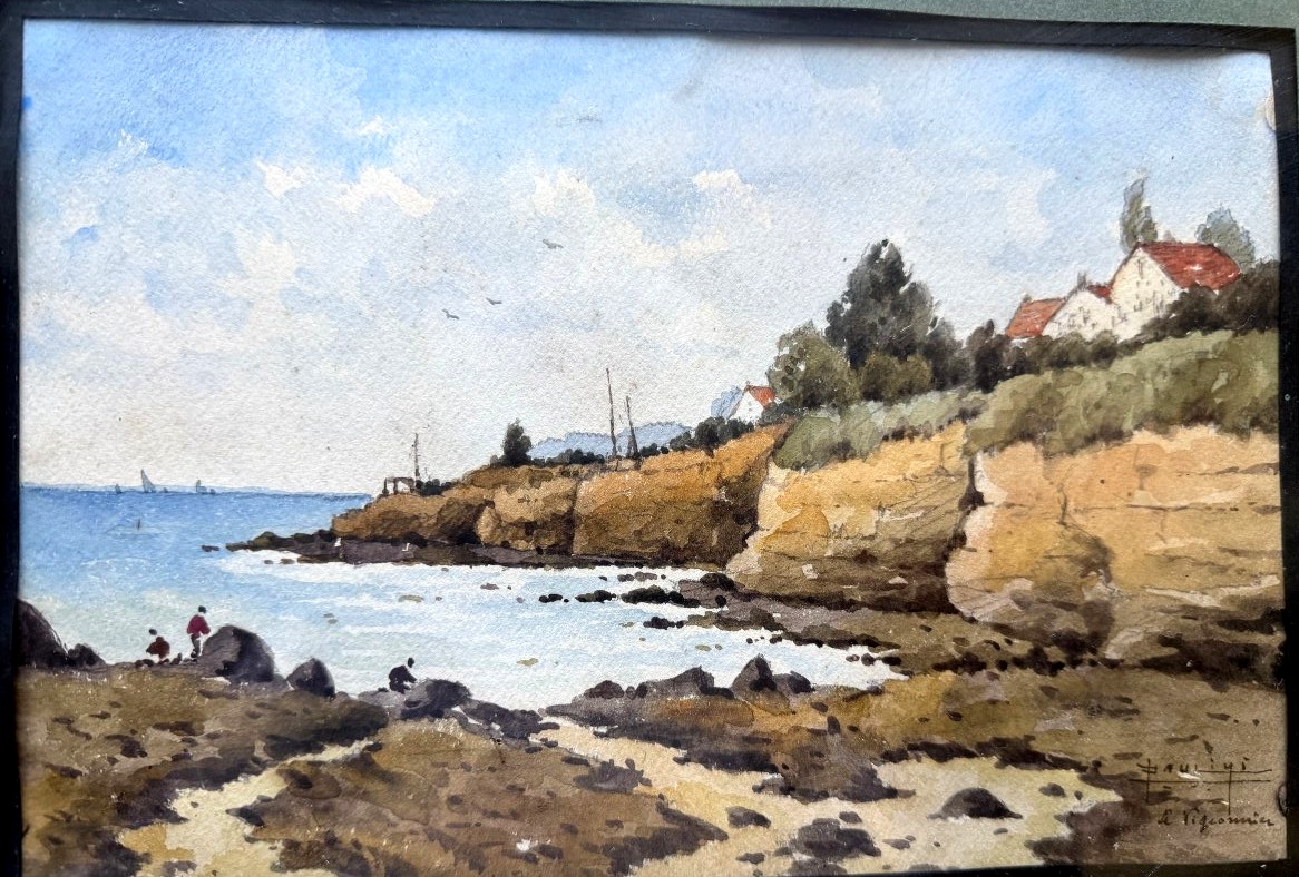  Joli Bord de cote animée ,  fine aquarelle encadrée du peintre Paulini début XXème dédicacée-photo-2