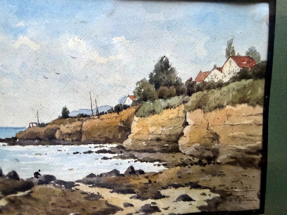  Joli Bord de cote animée ,  fine aquarelle encadrée du peintre Paulini début XXème dédicacée-photo-2