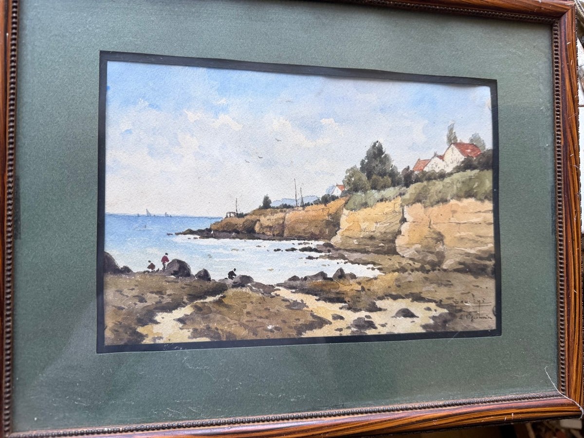  Joli Bord de cote animée ,  fine aquarelle encadrée du peintre Paulini début XXème dédicacée-photo-3