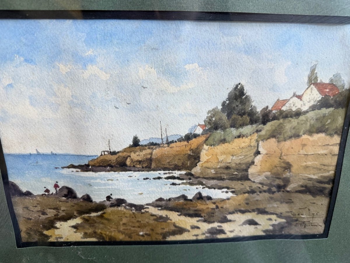  Joli Bord de cote animée ,  fine aquarelle encadrée du peintre Paulini début XXème dédicacée-photo-5