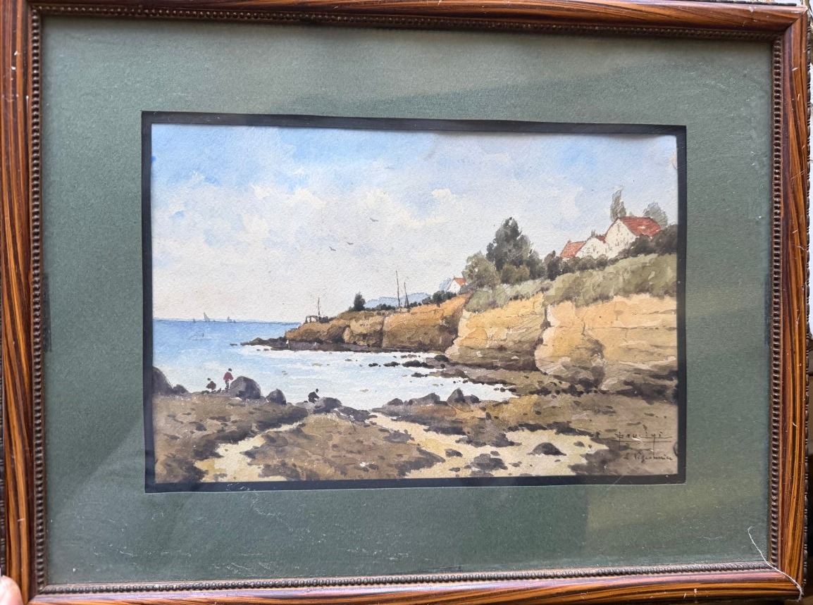  Joli Bord de cote animée ,  fine aquarelle encadrée du peintre Paulini début XXème dédicacée-photo-6