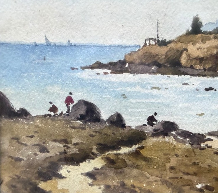  Joli Bord de cote animée ,  fine aquarelle encadrée du peintre Paulini début XXème dédicacée-photo-8
