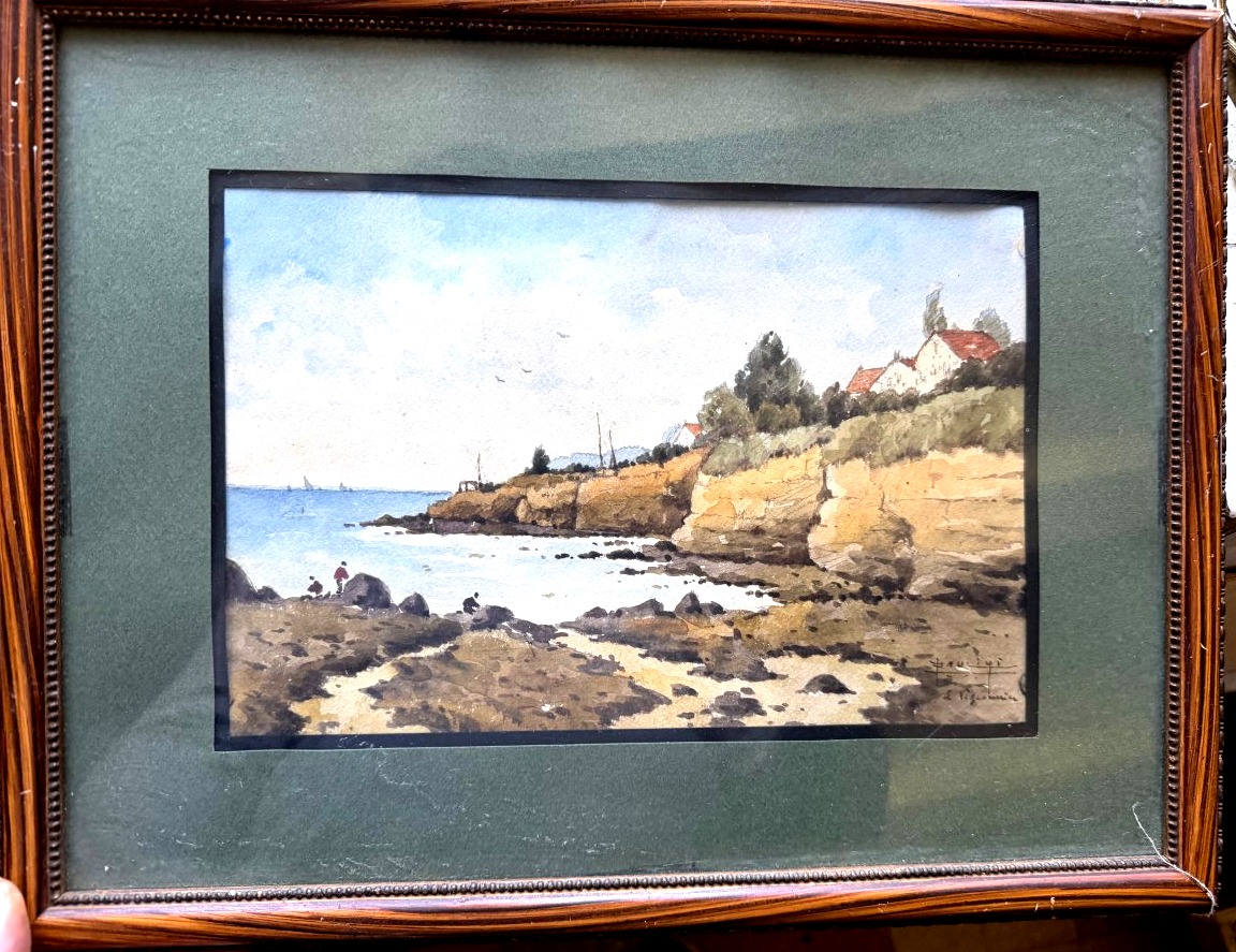  Joli Bord de cote animée ,  fine aquarelle encadrée du peintre Paulini début XXème dédicacée