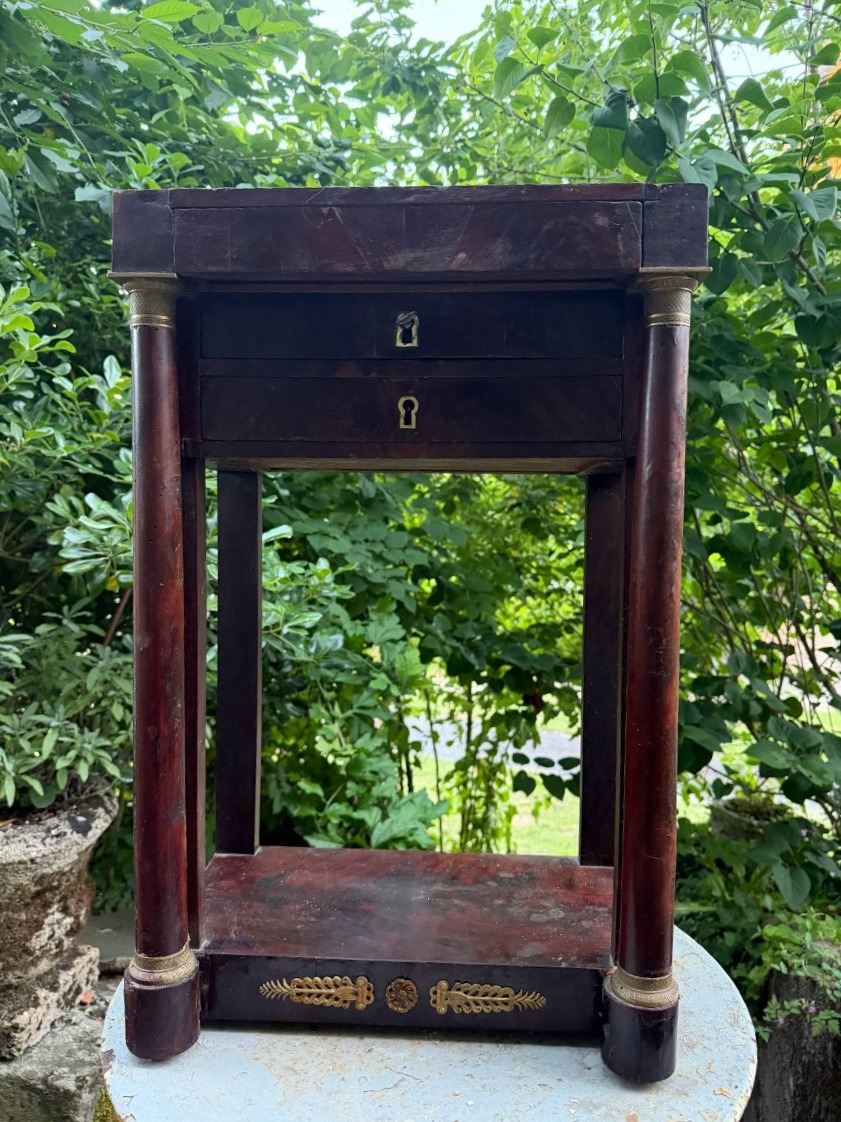 First Empire-style Living Room Cabinet, Flamed Cuban Mahogany Veneer, Freestanding Columns, Three Drawers