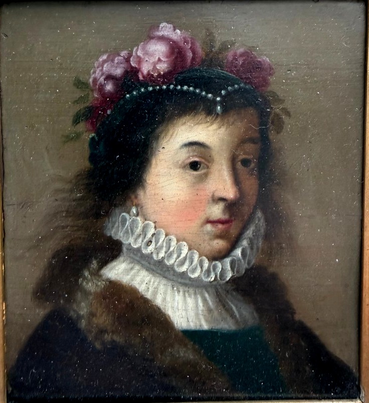 Framed Portrait Of A Court Lady With Flower-adorned, Beaded Hair And A 17th-century Ruff -photo-1