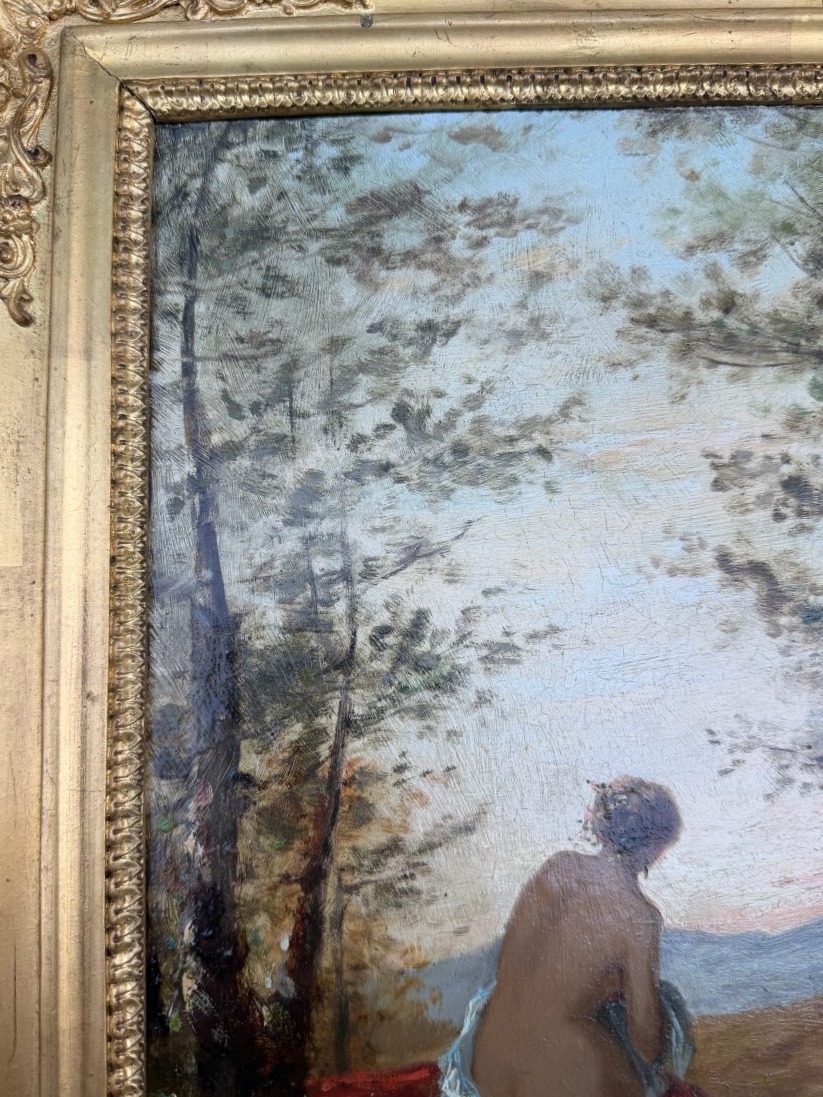 A Woman With A Graceful Back, Wrapped In A Bath Towel, In A Landscape By A Water Source; Oil On Canvas; 19th Century-photo-3