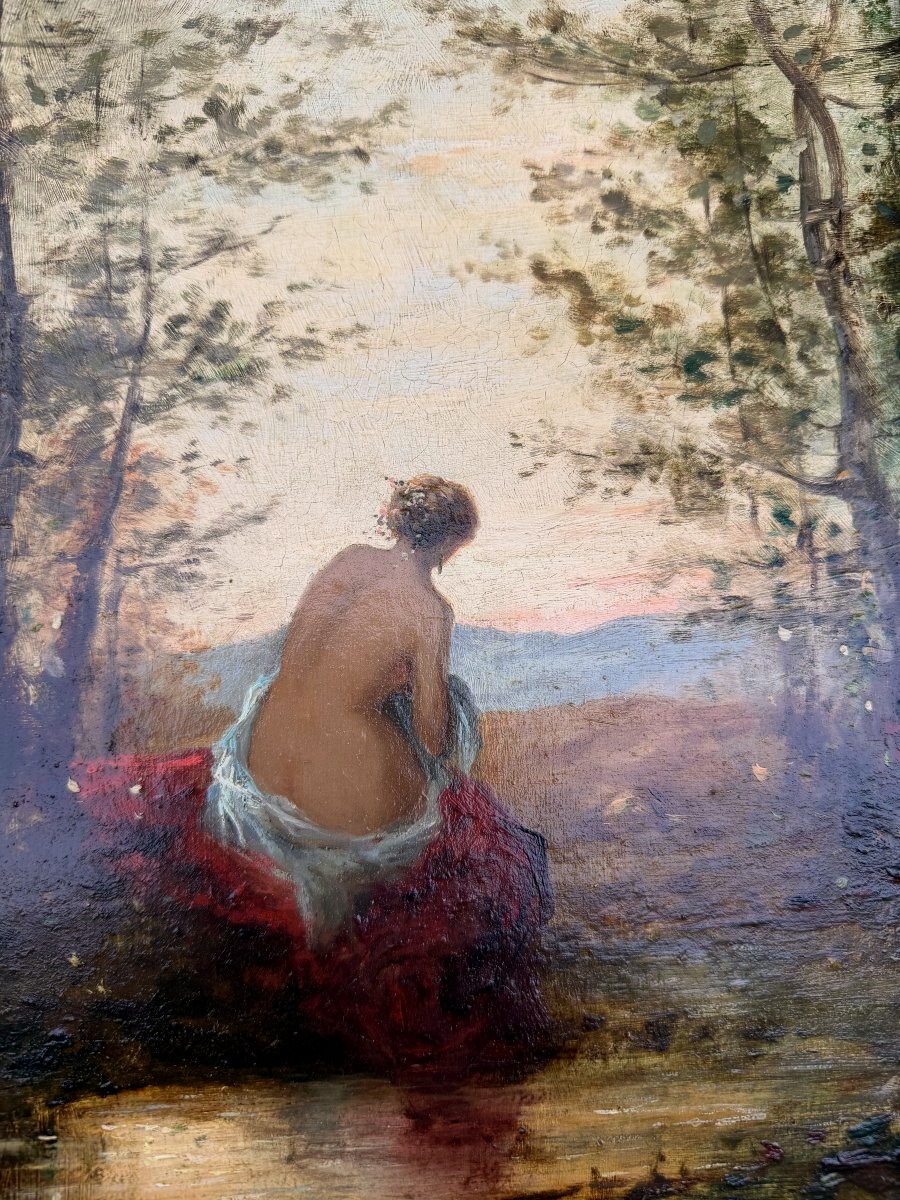 A Woman With A Graceful Back, Wrapped In A Bath Towel, In A Landscape By A Water Source; Oil On Canvas; 19th Century-photo-4