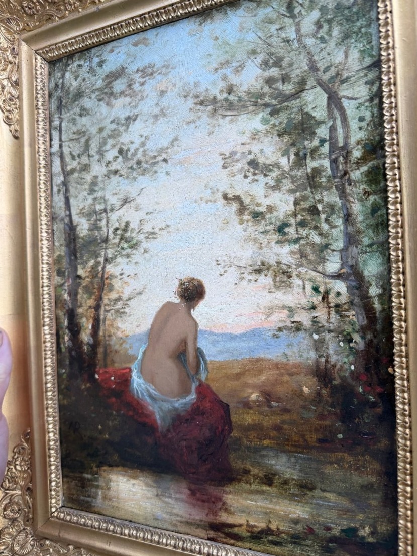 A Woman With A Graceful Back, Wrapped In A Bath Towel, In A Landscape By A Water Source; Oil On Canvas; 19th Century-photo-2