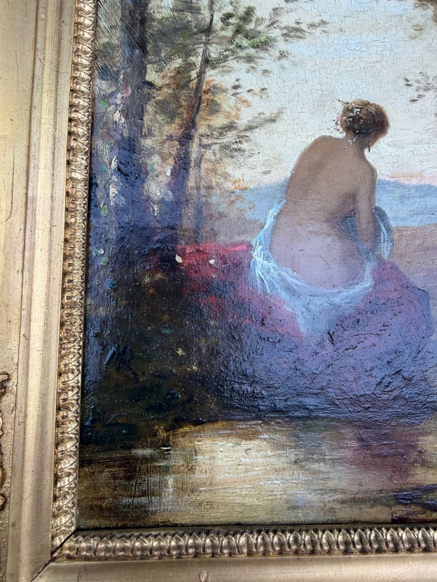 A Woman With A Graceful Back, Wrapped In A Bath Towel, In A Landscape By A Water Source; Oil On Canvas; 19th Century-photo-1