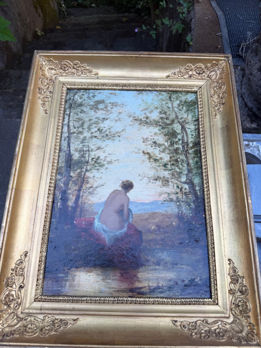 A Woman With A Graceful Back, Wrapped In A Bath Towel, In A Landscape By A Water Source; Oil On Canvas; 19th Century-photo-2