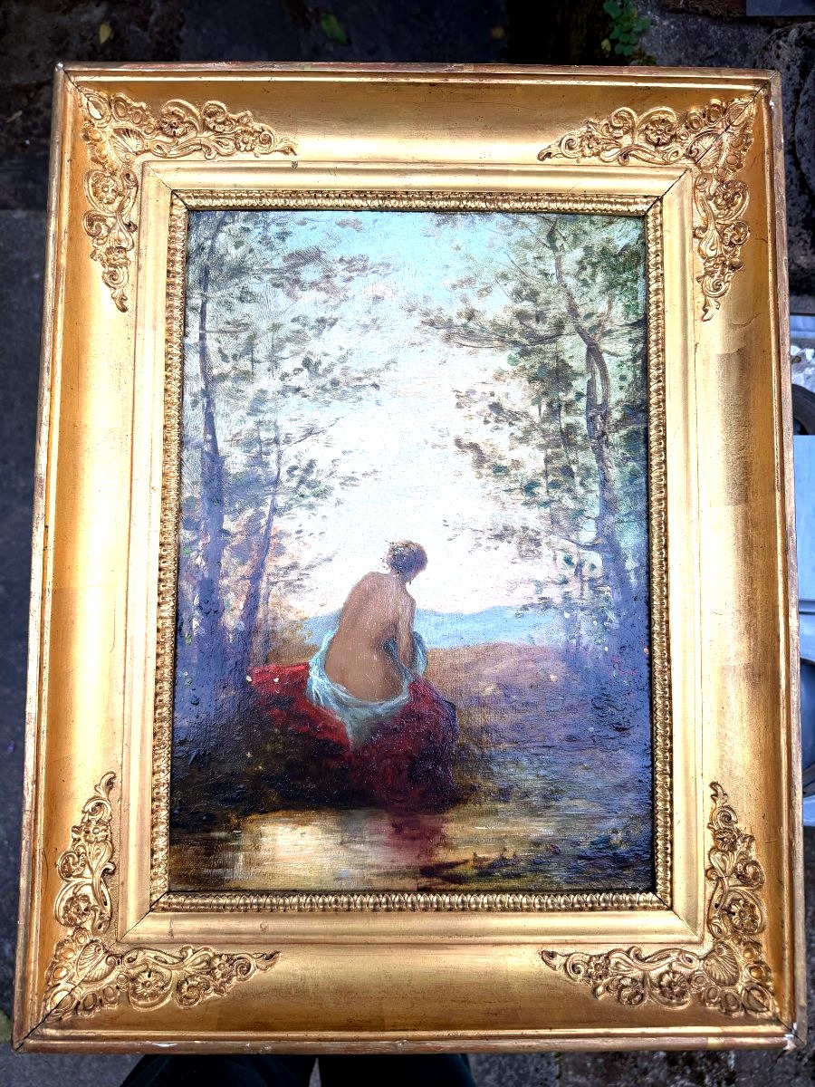 A Woman With A Graceful Back, Wrapped In A Bath Towel, In A Landscape By A Water Source; Oil On Canvas; 19th Century