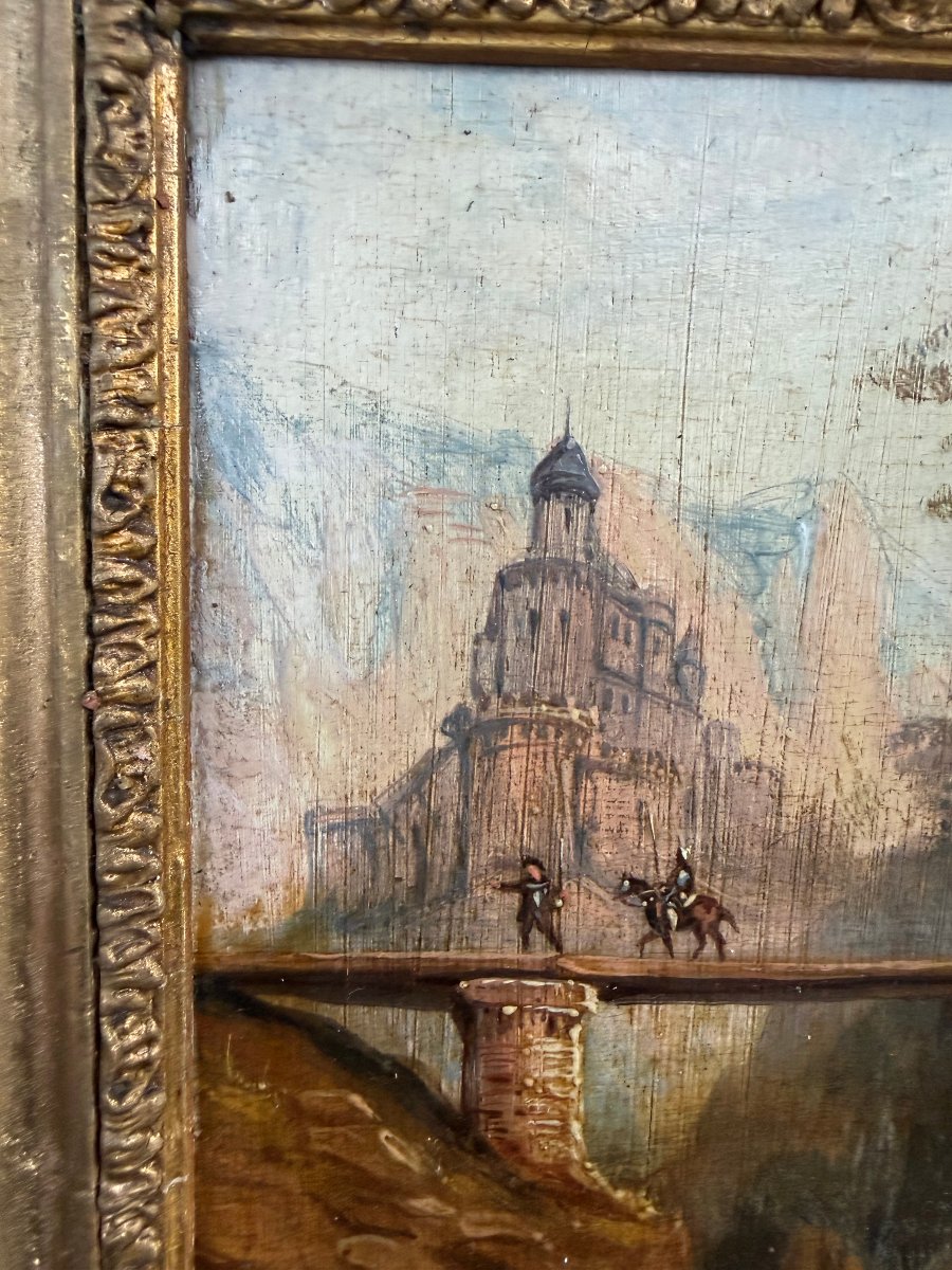 Tableau Romantique , huile/bois encadrée XIXème représentant un château et un pont animé Ec Al.-photo-4