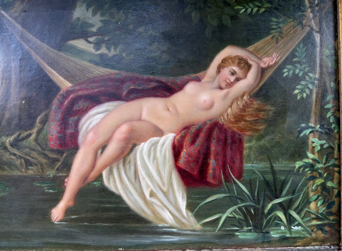 Jeune Femme nue se prélassant dans le hamac sous les ombrages , huile/toile encadrée Ec. Anglai-photo-2