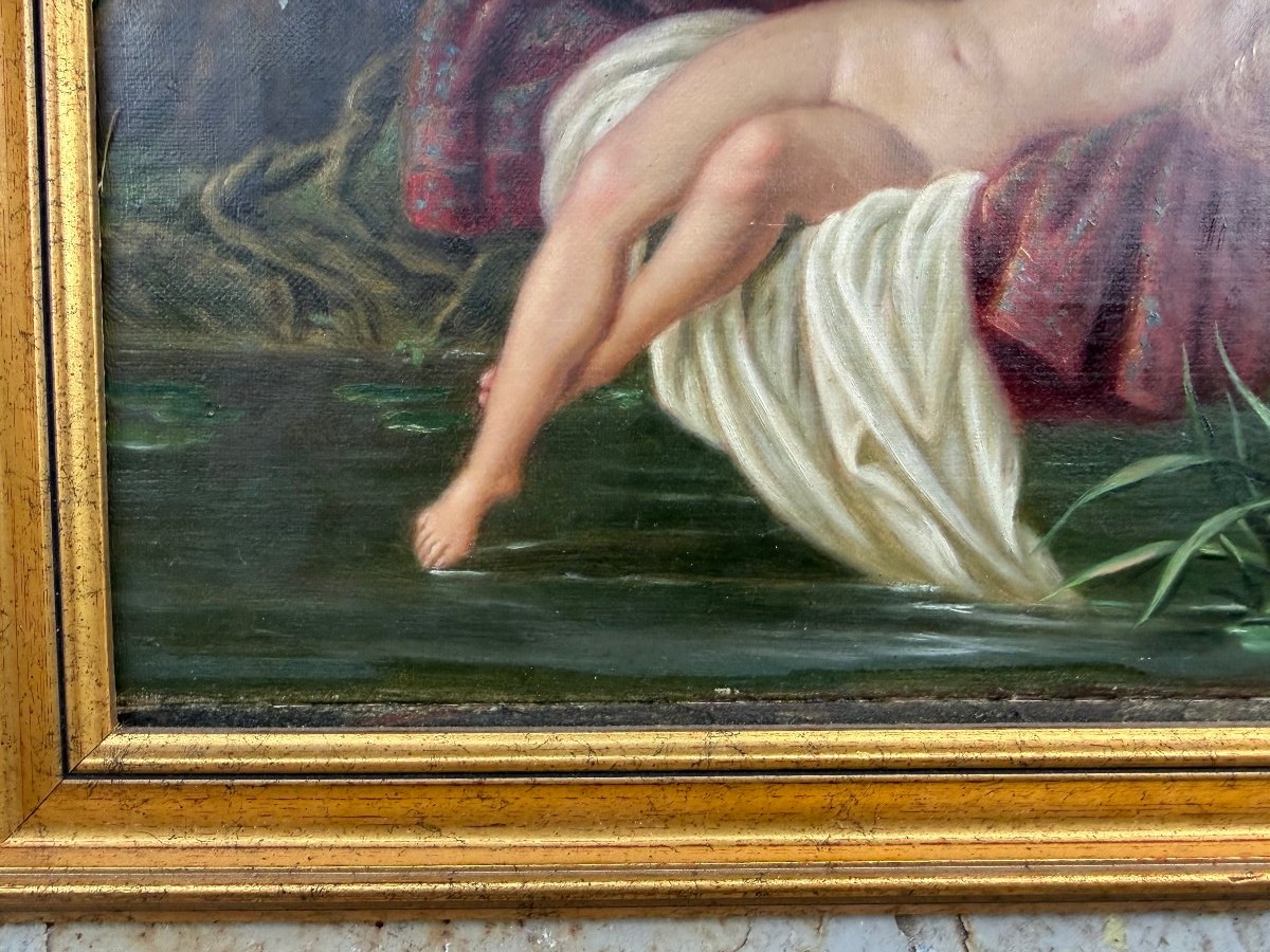 Jeune Femme nue se prélassant dans le hamac sous les ombrages , huile/toile encadrée Ec. Anglai-photo-3