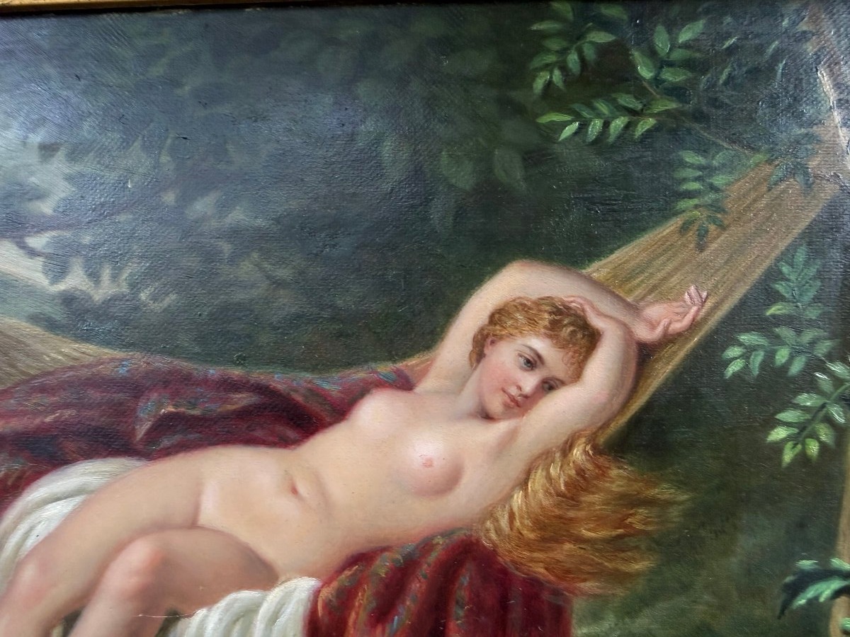 Jeune Femme nue se prélassant dans le hamac sous les ombrages , huile/toile encadrée Ec. Anglai-photo-1