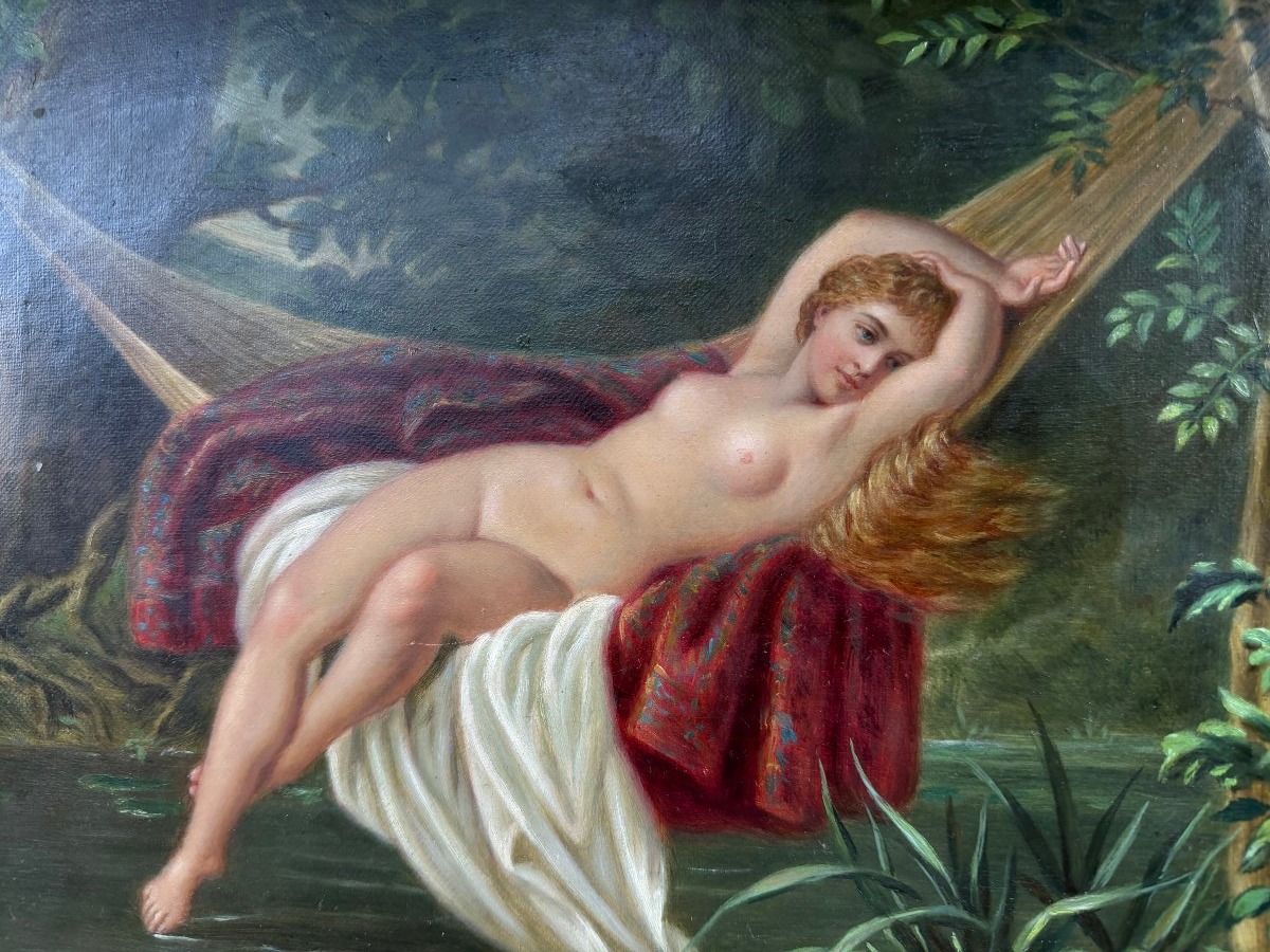 Jeune Femme nue se prélassant dans le hamac sous les ombrages , huile/toile encadrée Ec. Anglai-photo-2