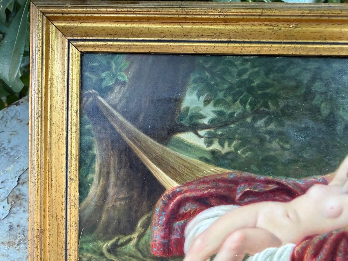Jeune Femme nue se prélassant dans le hamac sous les ombrages , huile/toile encadrée Ec. Anglai-photo-3