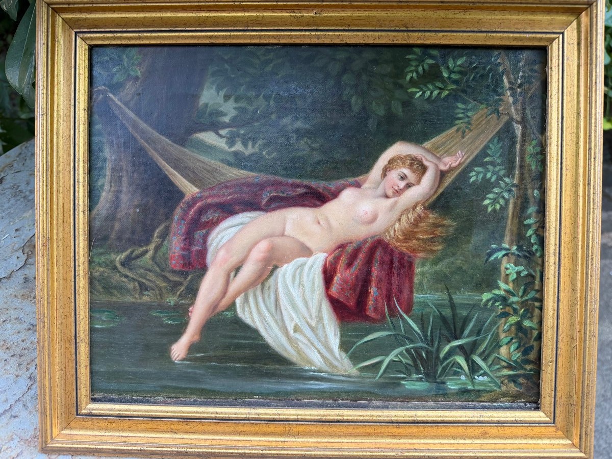 Jeune Femme nue se prélassant dans le hamac sous les ombrages , huile/toile encadrée Ec. Anglai-photo-5