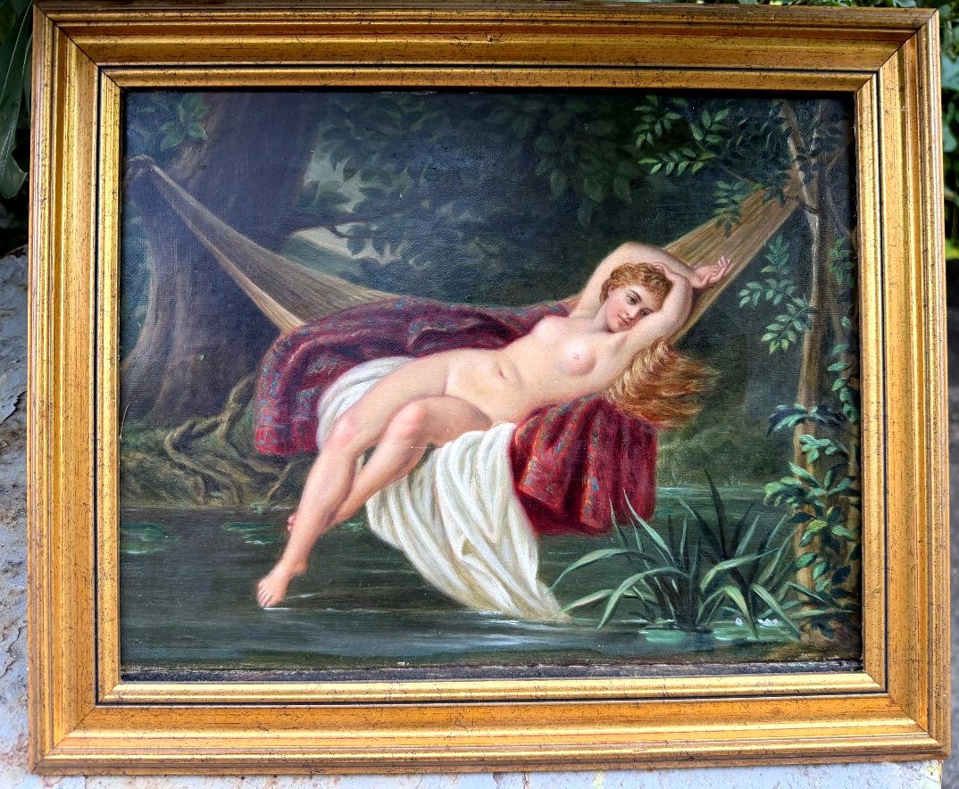 Jeune Femme nue se prélassant dans le hamac sous les ombrages , huile/toile encadrée Ec. Anglai