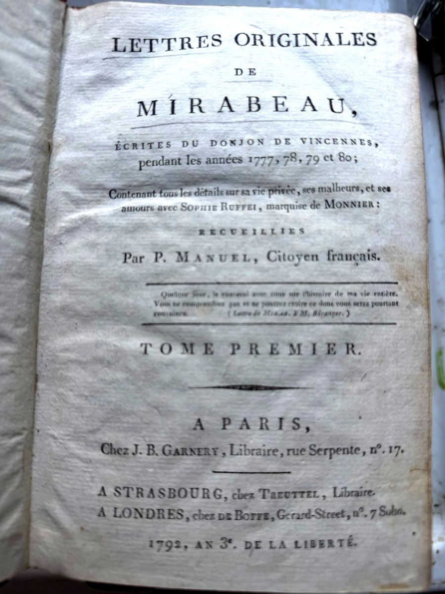 Lettres Originales de Mirabeau , écrite du donjon de Vincennes pendant 1777-78-79&80 , 4 Vol In-photo-1