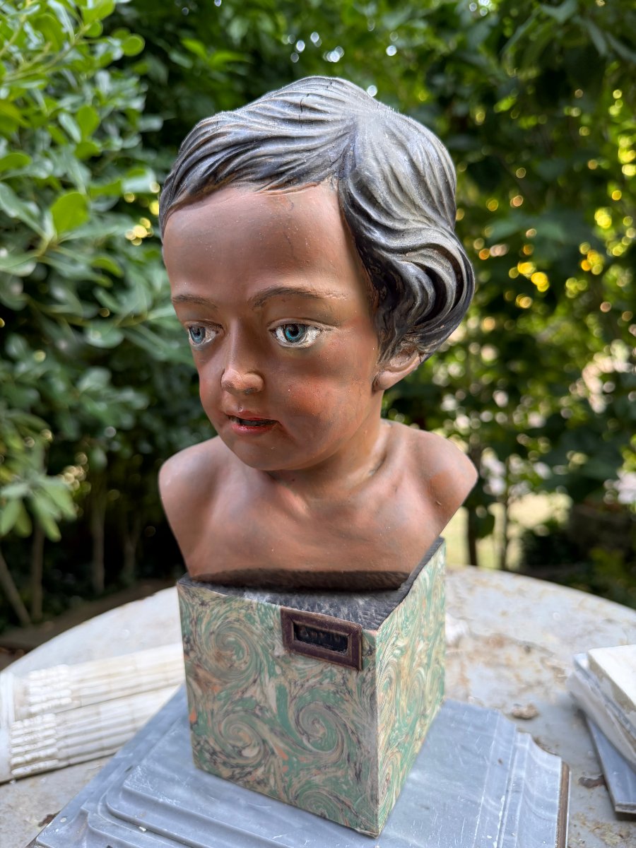  Beautiful Polychrome Sculpted Head On A Pedestal Covered With Marbled Handmade Paper From Bovio, Italy, 20th Century-photo-2