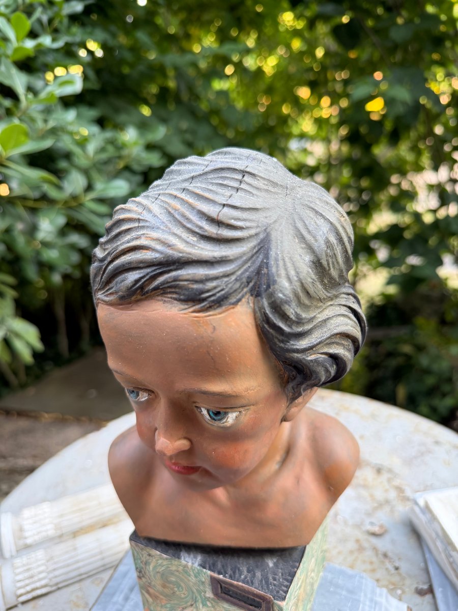  Beautiful Polychrome Sculpted Head On A Pedestal Covered With Marbled Handmade Paper From Bovio, Italy, 20th Century-photo-3