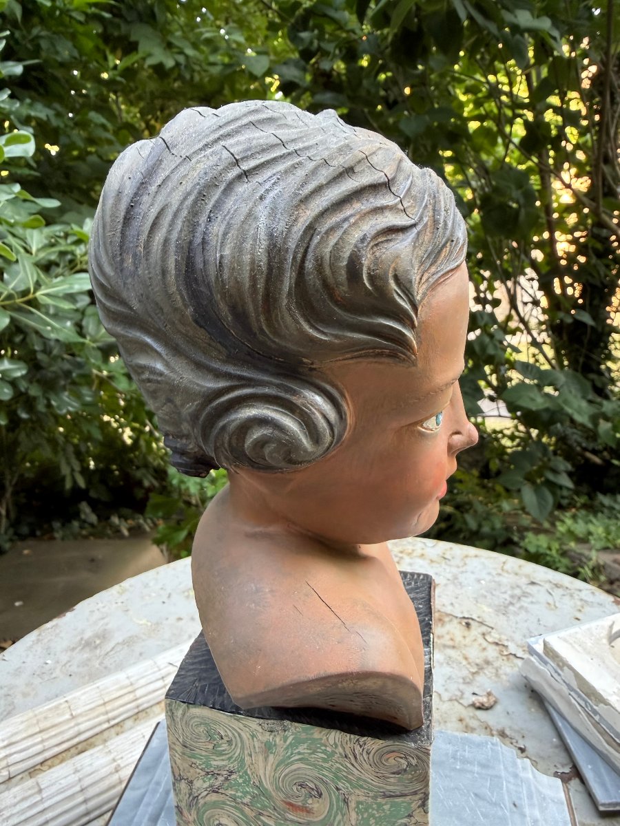  Beautiful Polychrome Sculpted Head On A Pedestal Covered With Marbled Handmade Paper From Bovio, Italy, 20th Century-photo-4