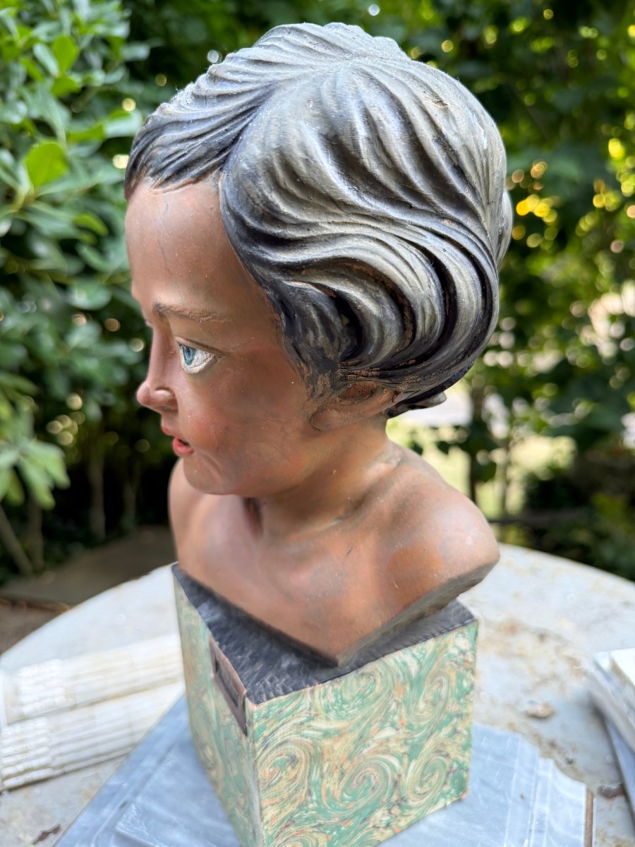  Beautiful Polychrome Sculpted Head On A Pedestal Covered With Marbled Handmade Paper From Bovio, Italy, 20th Century-photo-2