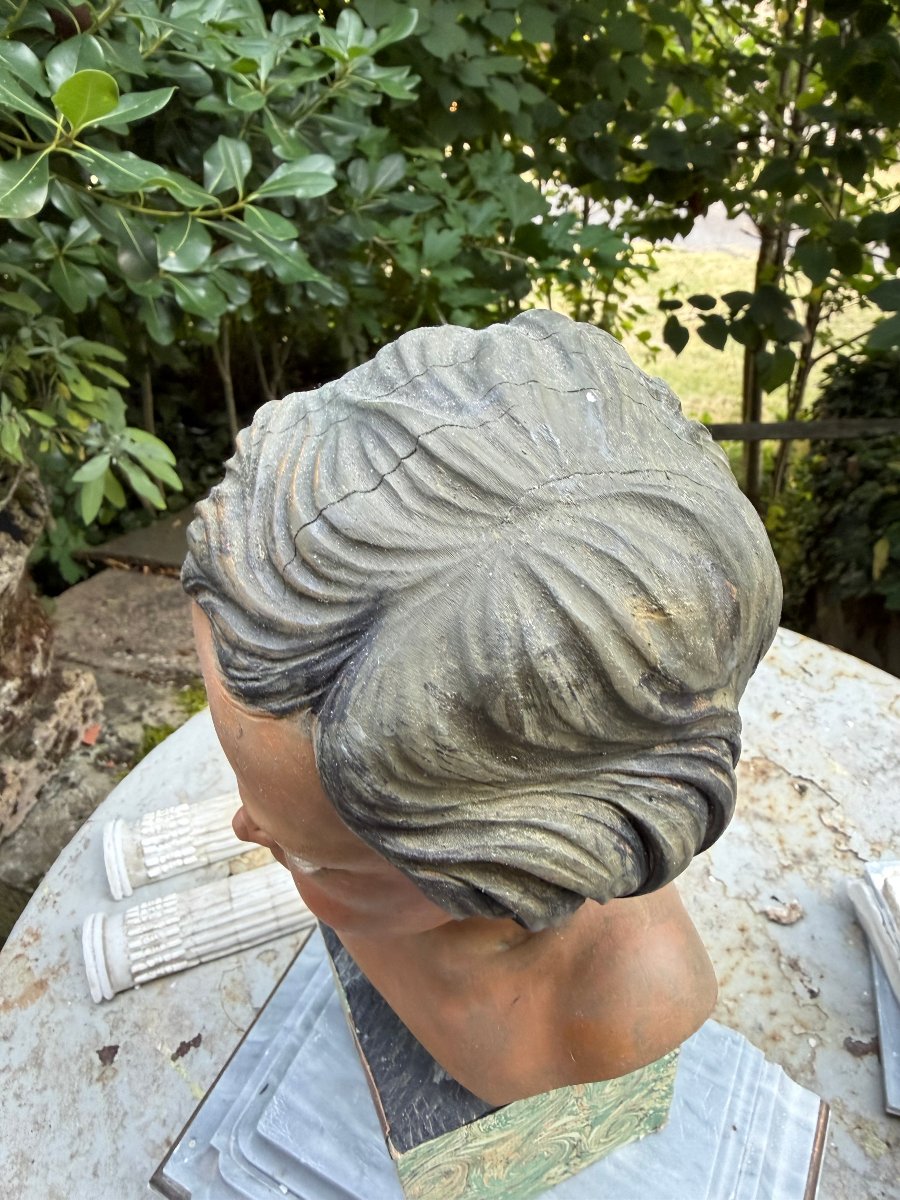  Beautiful Polychrome Sculpted Head On A Pedestal Covered With Marbled Handmade Paper From Bovio, Italy, 20th Century-photo-3