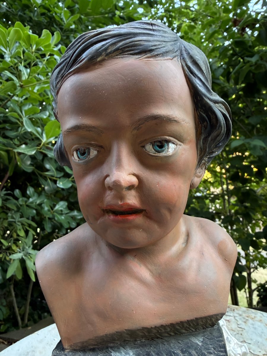  Beautiful Polychrome Sculpted Head On A Pedestal Covered With Marbled Handmade Paper From Bovio, Italy, 20th Century-photo-4