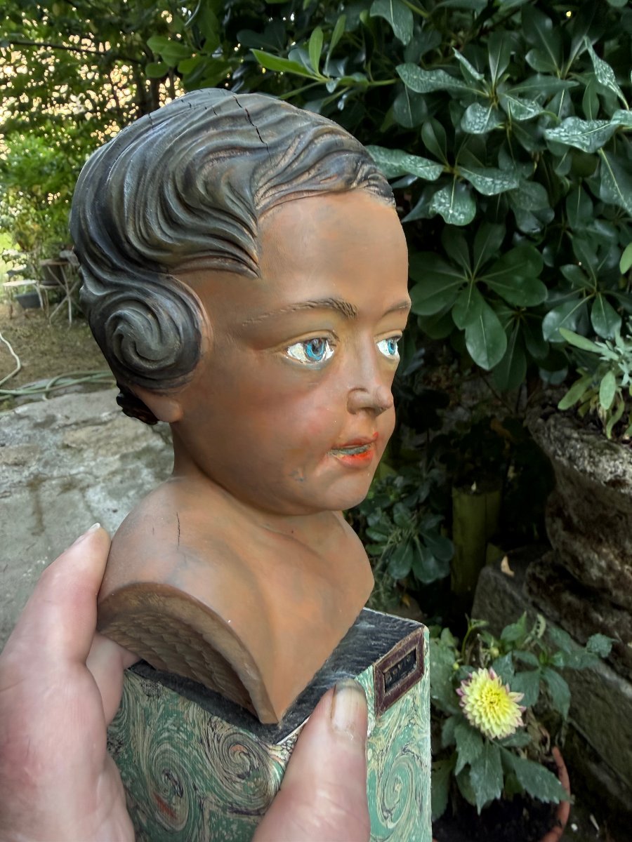  Beautiful Polychrome Sculpted Head On A Pedestal Covered With Marbled Handmade Paper From Bovio, Italy, 20th Century-photo-5