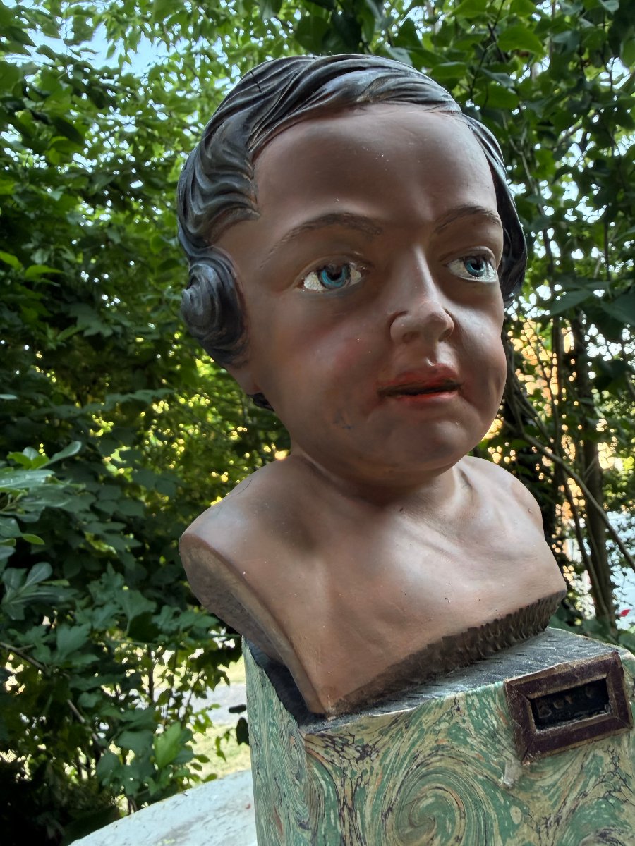  Beautiful Polychrome Sculpted Head On A Pedestal Covered With Marbled Handmade Paper From Bovio, Italy, 20th Century-photo-7