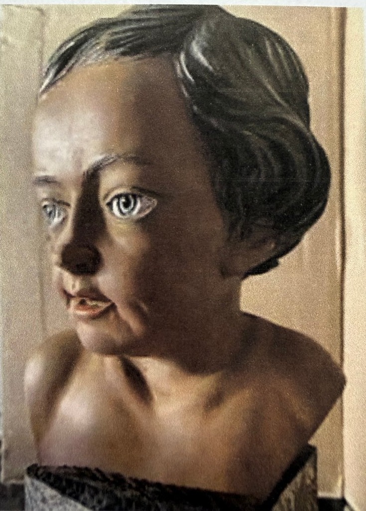  Beautiful Polychrome Sculpted Head On A Pedestal Covered With Marbled Handmade Paper From Bovio, Italy, 20th Century