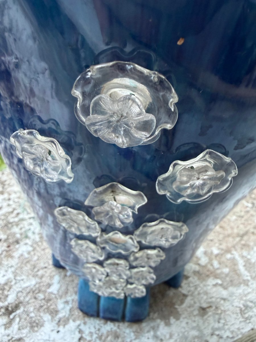 Belle lampe faisceaux Art Luminescence , faience bleue semée de fleurettes éclairantes en verre-photo-3
