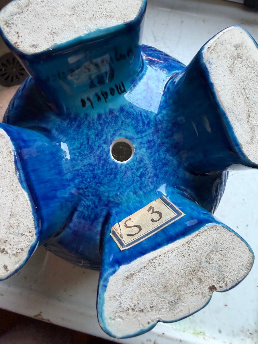 Belle lampe faisceaux Art Luminescence , faience bleue semée de fleurettes éclairantes en verre-photo-4
