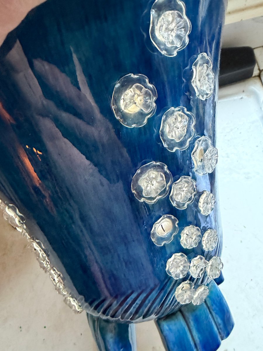 Belle lampe faisceaux Art Luminescence , faience bleue semée de fleurettes éclairantes en verre-photo-7