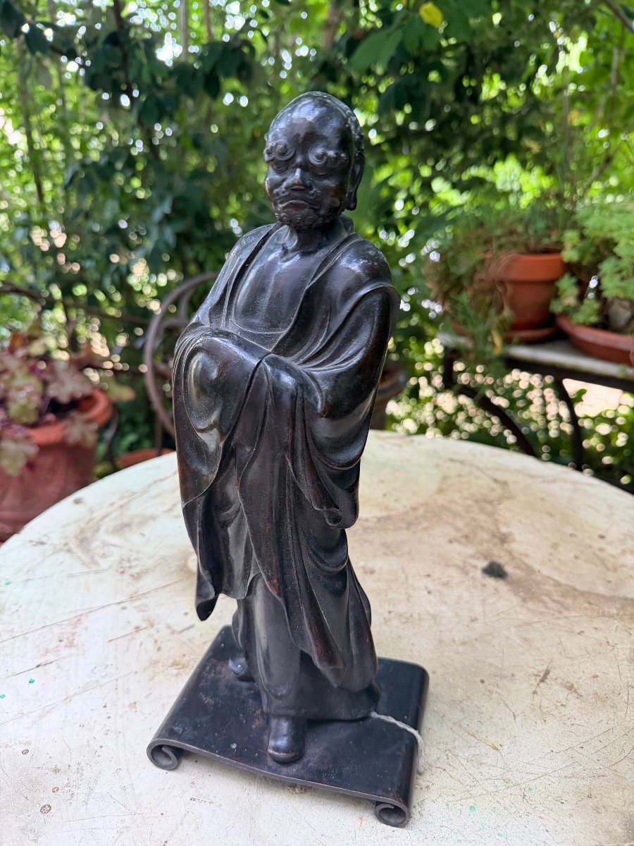  Rare Bodhidharma debout dans son habit de moine , bronze XVIIIème a la cire perdue Chinois-photo-1