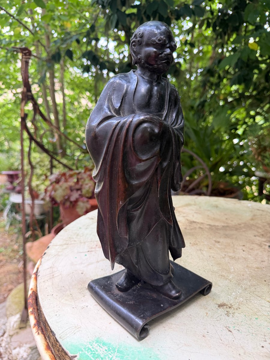  Rare Bodhidharma debout dans son habit de moine , bronze XVIIIème a la cire perdue Chinois-photo-6