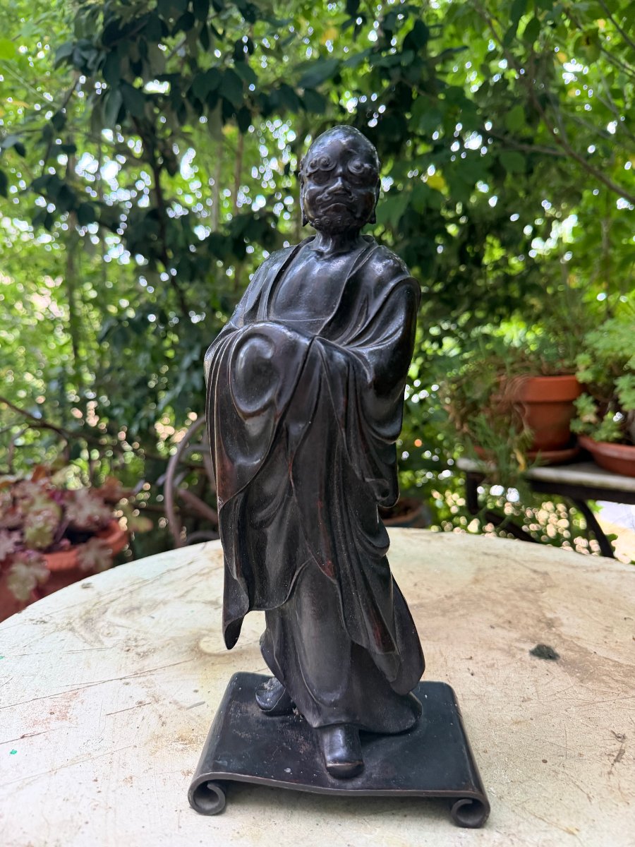  Rare Bodhidharma debout dans son habit de moine , bronze XVIIIème a la cire perdue Chinois